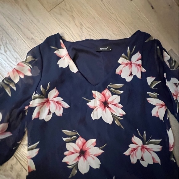 NAVY w/ white and pink floral pattern, v-neck, cold shoulder mini swing dress - Picture 2 of 4